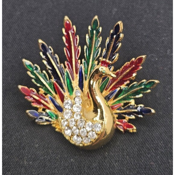 Vintage Peacock Bird Brooch - Pin Enamel Rhinestone Gold Tone Accent 1.5" - Picture 2 of 4